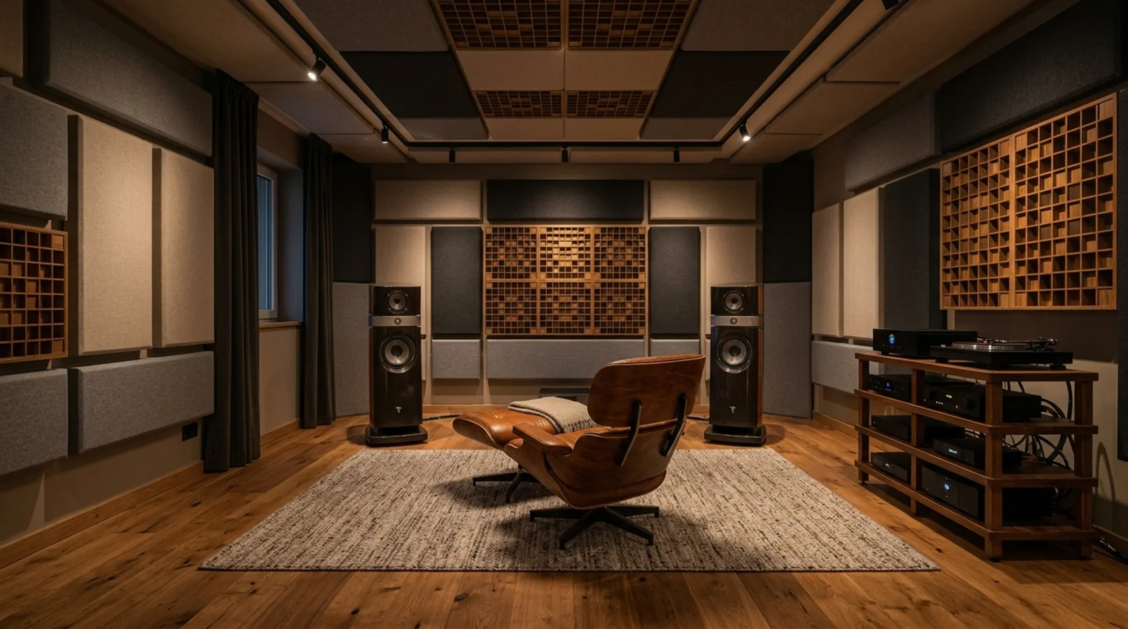 An acoustically treated listening room with fabric panels and floor-standing speakers