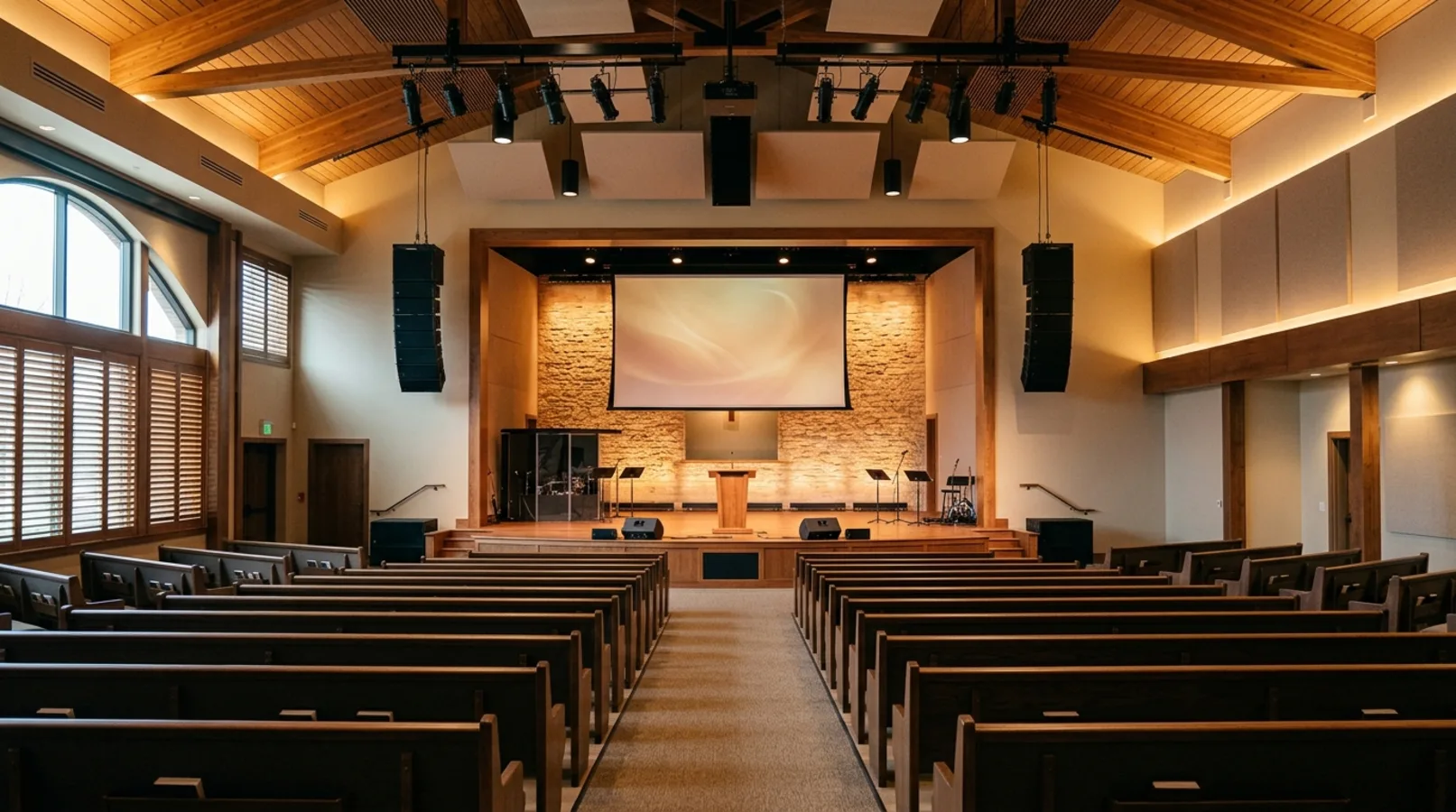 A house of worship with a professional commercial audio-video system