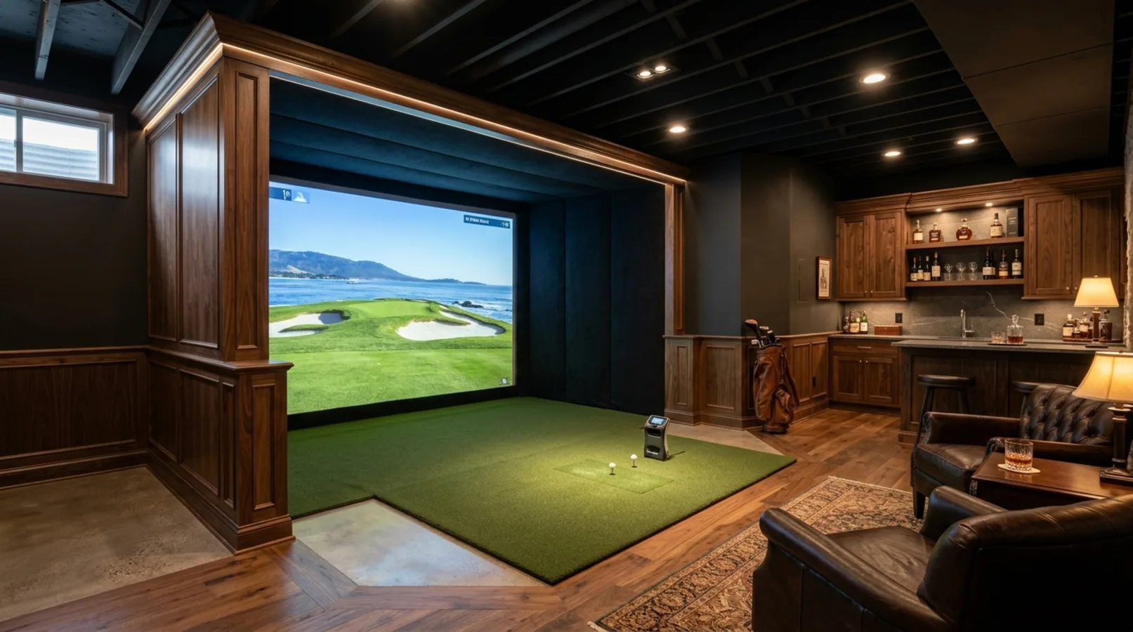 A residential golf simulator room with an impact screen, hitting mat, and lounge