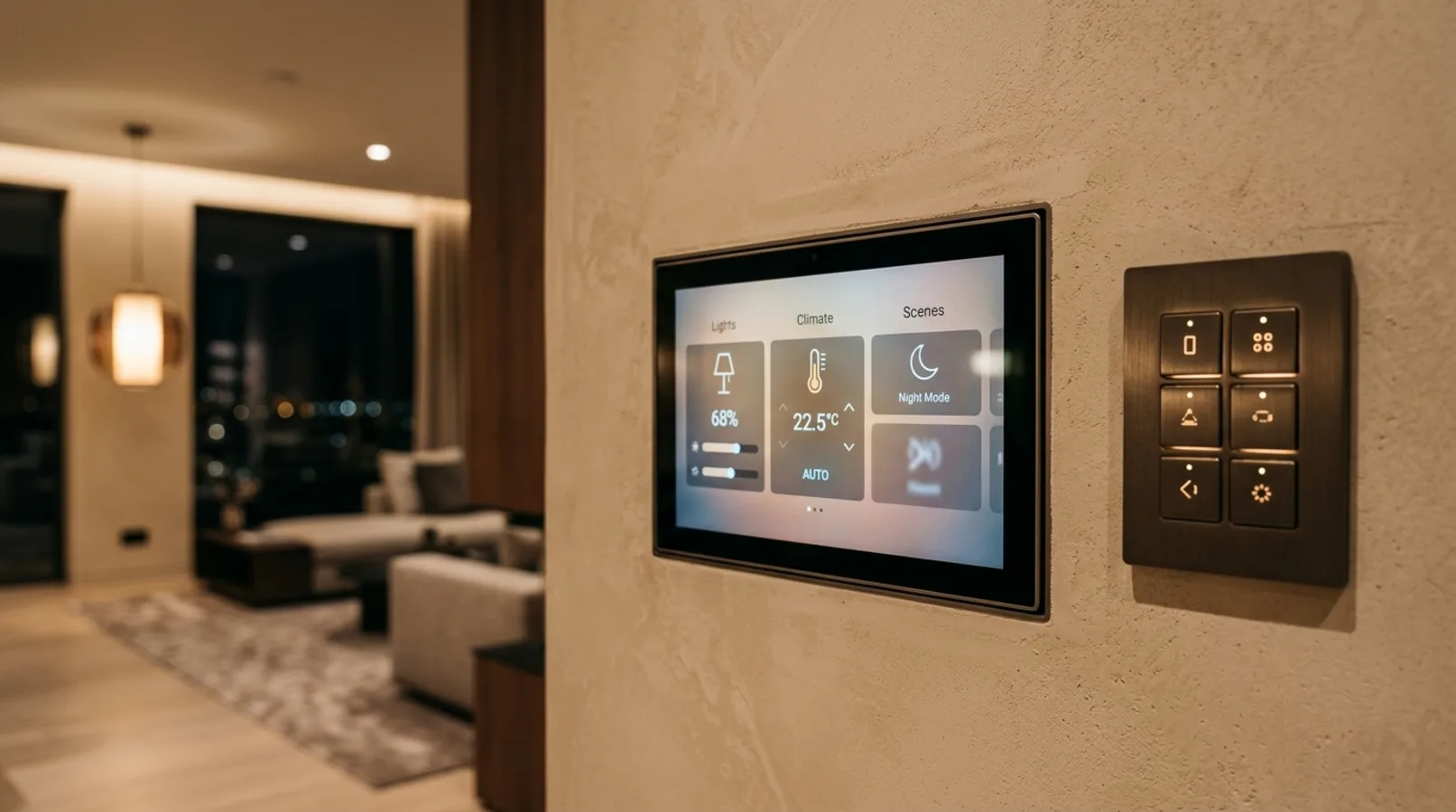 A wall-mounted home automation touchscreen and keypad controlling lights and climate