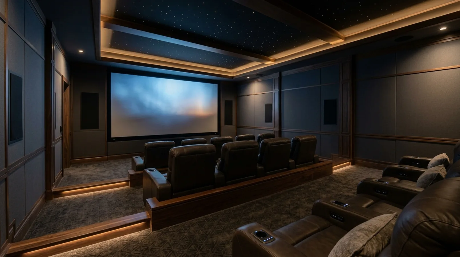 A luxury dedicated home theater with tiered recliner seating and a starfield ceiling