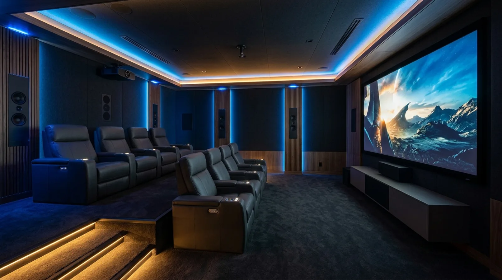 A contemporary home theater with modern recliners and LED cove lighting