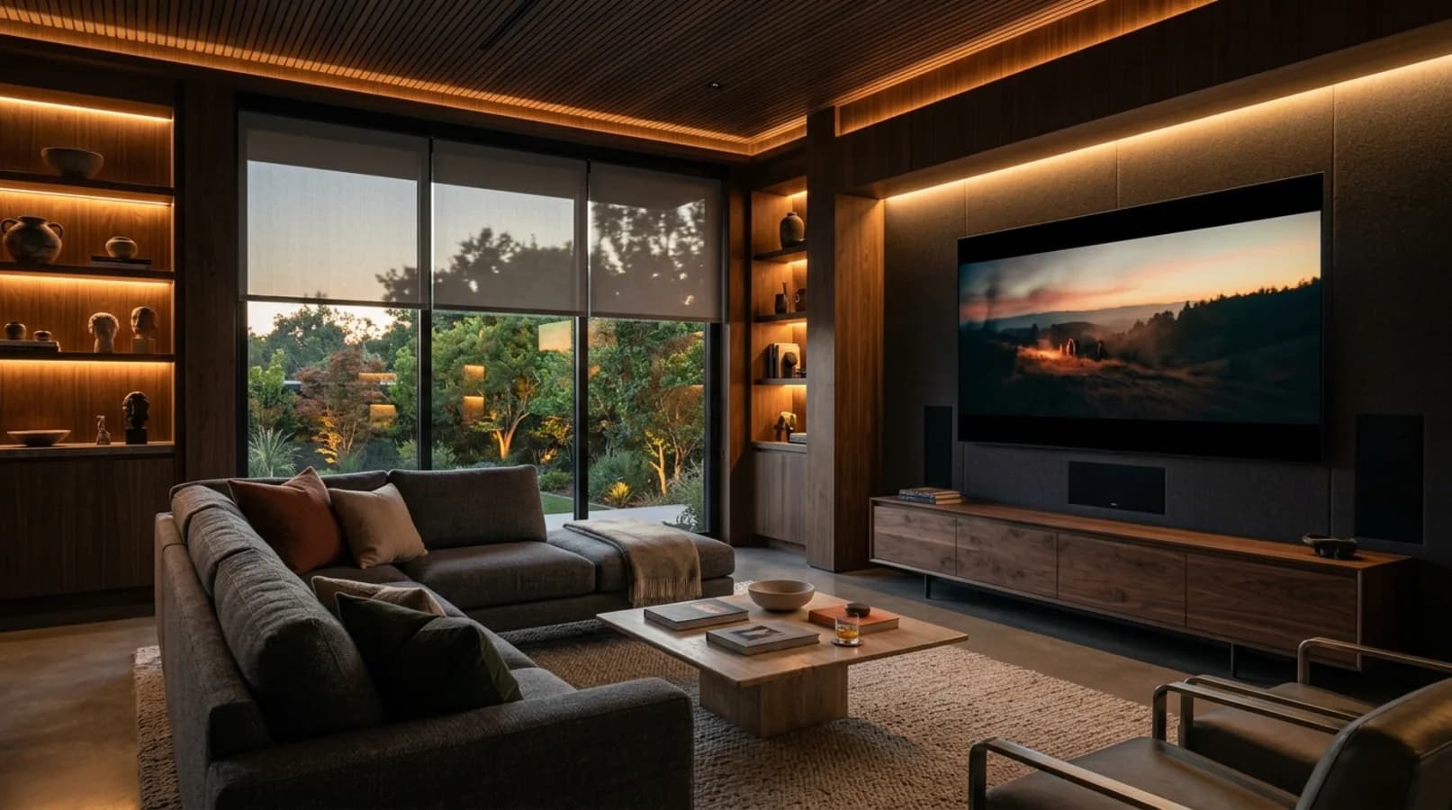 An upscale living-room media system with a large wall screen and automated shades