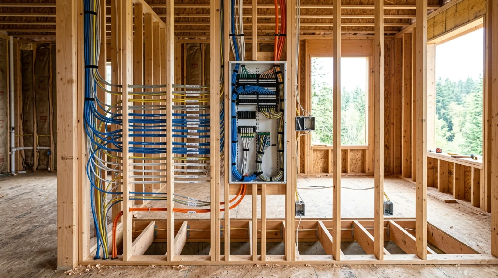 Labeled structured wiring routed through open wall studs during new construction